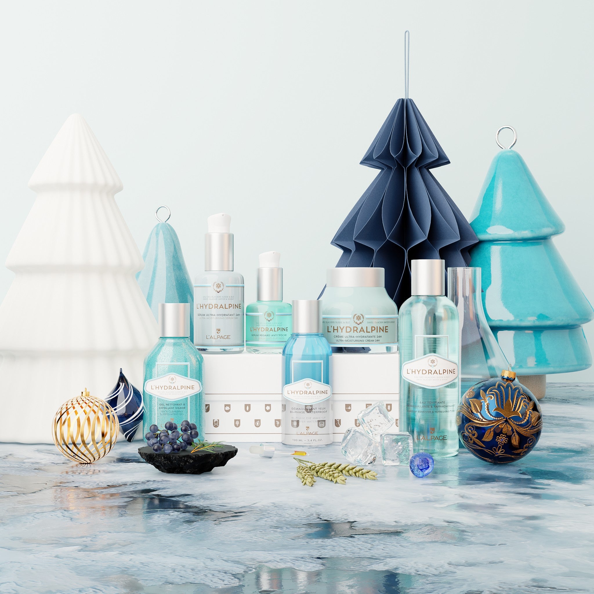 Set oder Geschenkbox Ultimate 24h Feuchtigkeits-Gesichtscreme + 24h Feuchtigkeits-Serum + Anti-Tränensäcke Augenserum + Zweiphasen-Wasserfest-Make-up-Entferner + Tonisierendes Wasser + Exfolierendes Reinigungsgel L&
