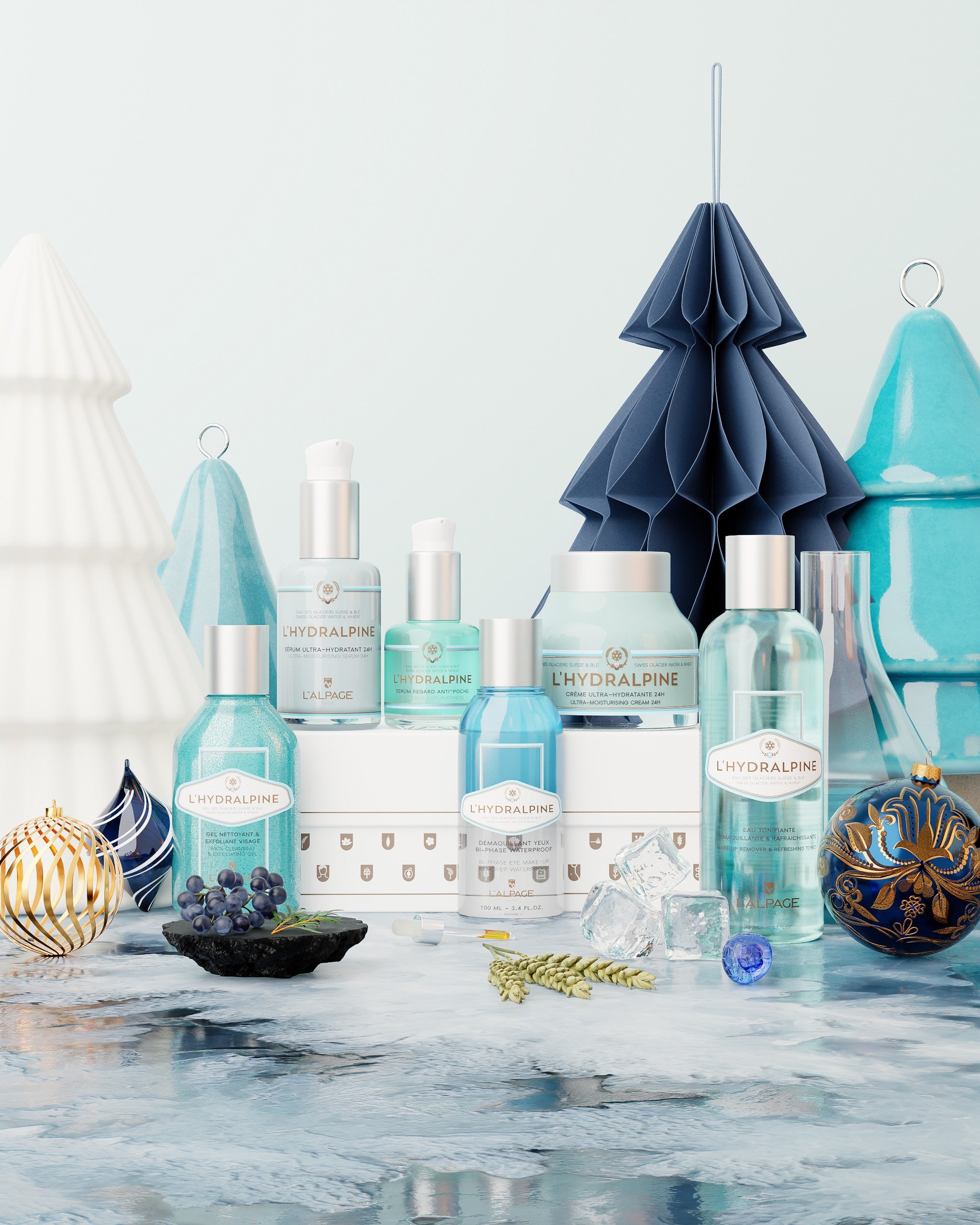 Set oder Geschenkbox Ultimate 24h Feuchtigkeits-Gesichtscreme + 24h Feuchtigkeits-Serum + Anti-Tränensäcke Augenserum + Zweiphasen-Wasserfest-Make-up-Entferner + Tonisierendes Wasser + Exfolierendes Reinigungsgel L&