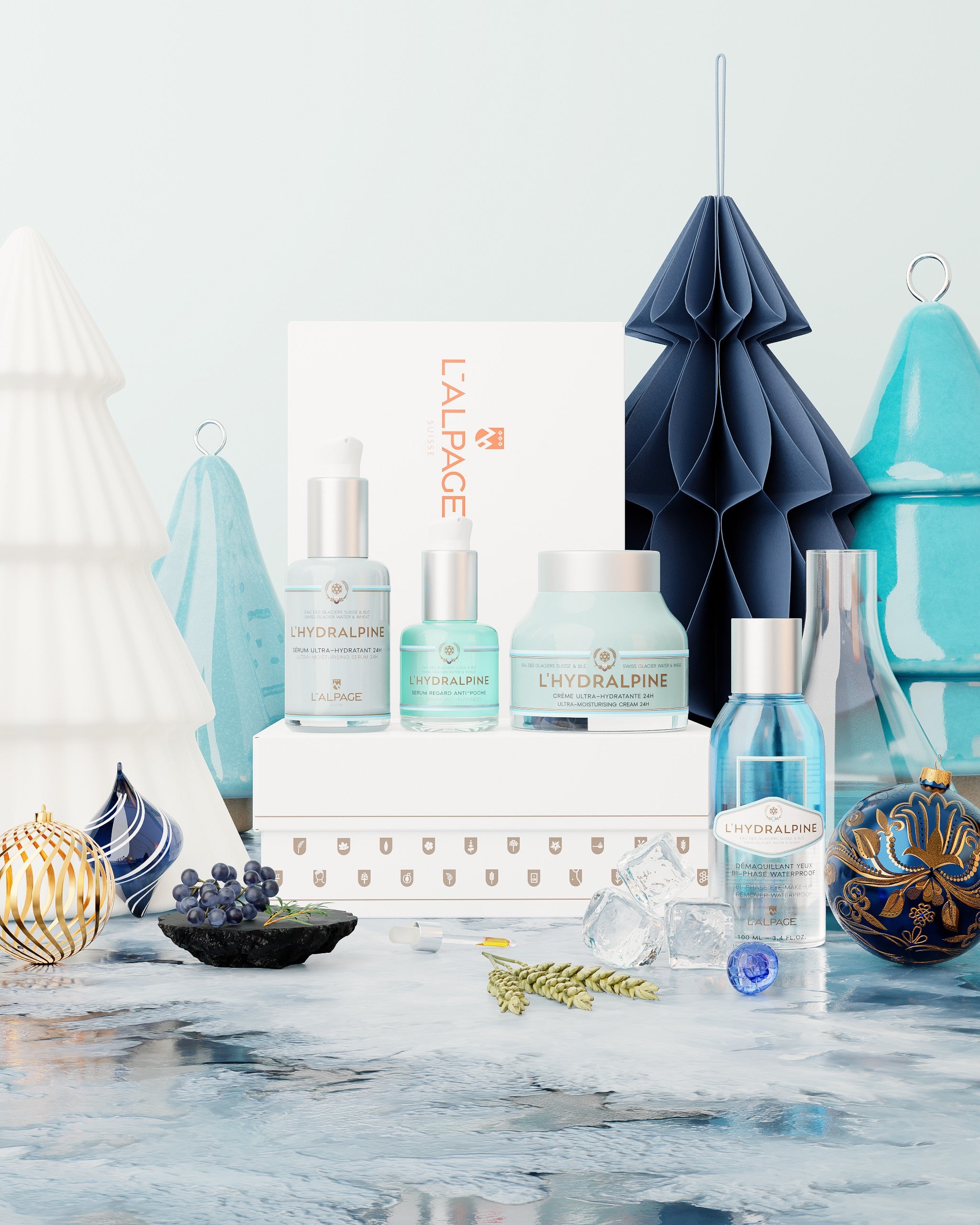 Set ou Coffret Cadeau Crème Visage Hydratante 24h + Sérum Visage Hydratante 24h + Serum Regard Anti-Poche + Démaquillant Bi-Phase Waterproof L&