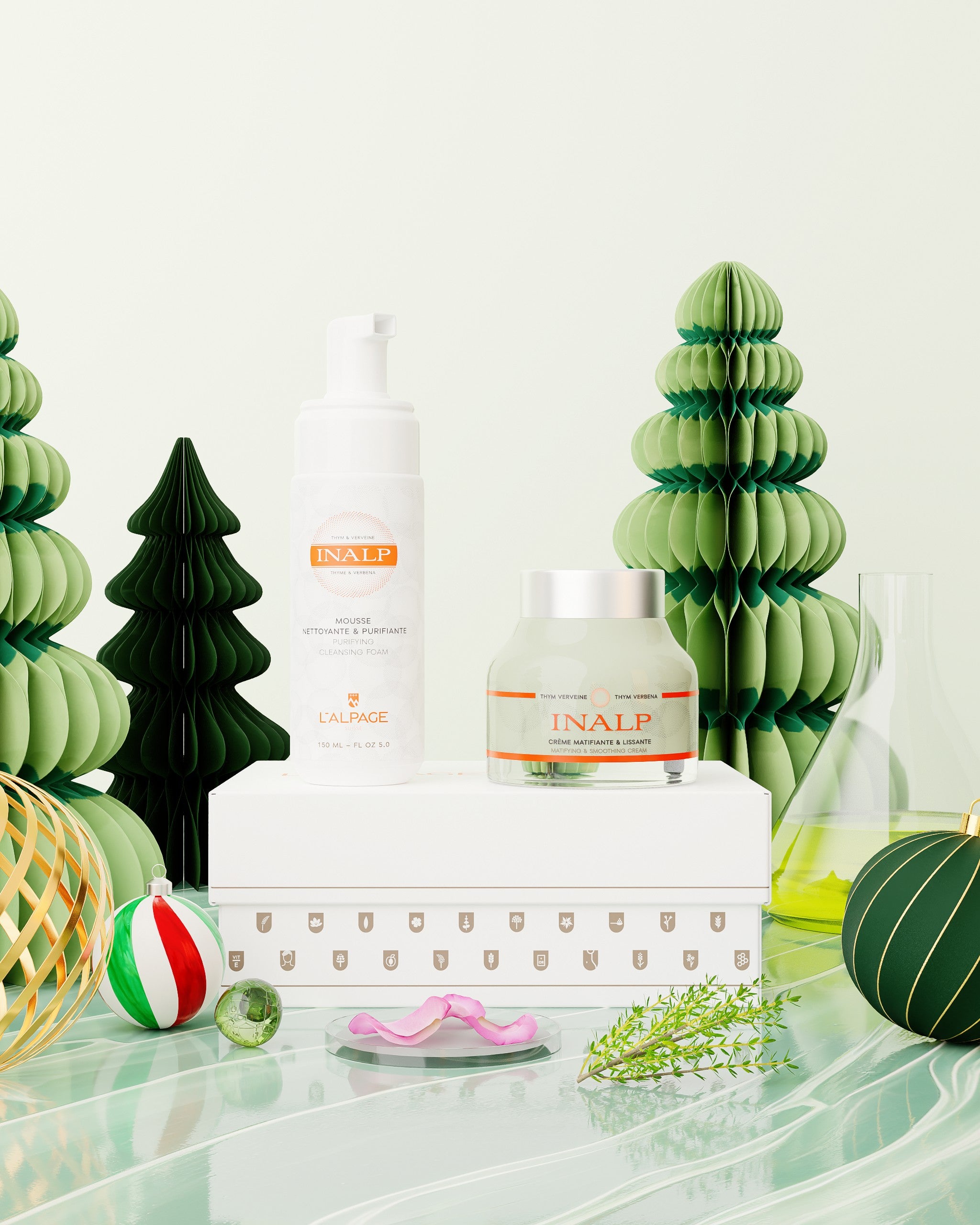 Geschenkset oder Geschenkbox mit mattierender und glättender Creme und Reinigungsschaum <tc>Inalp</tc>