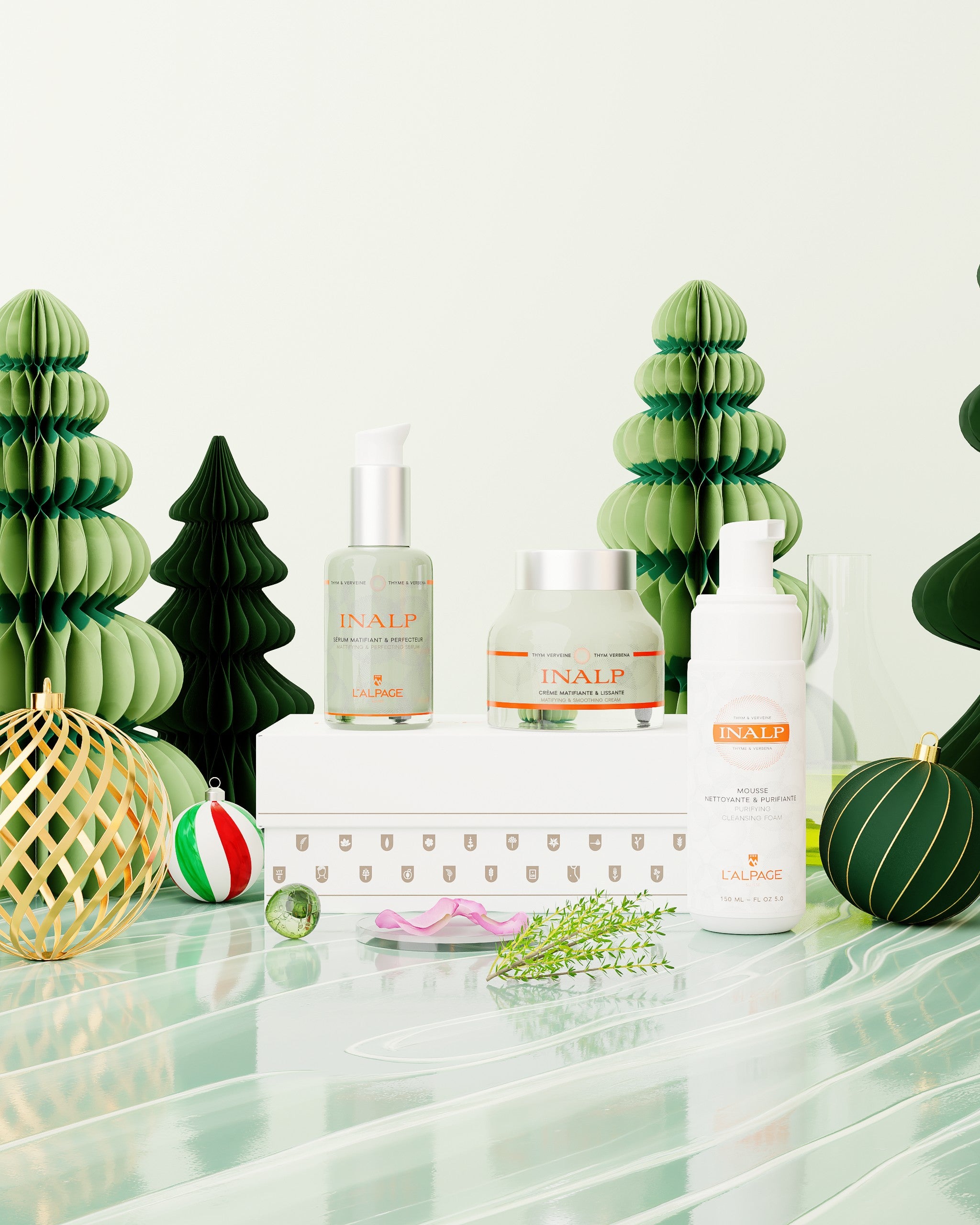 Geschenkset oder Geschenkbox: Mattierende und glättende Creme + Mattierendes und glättendes Serum + Reinigungsschaum <tc>Inalp</tc>