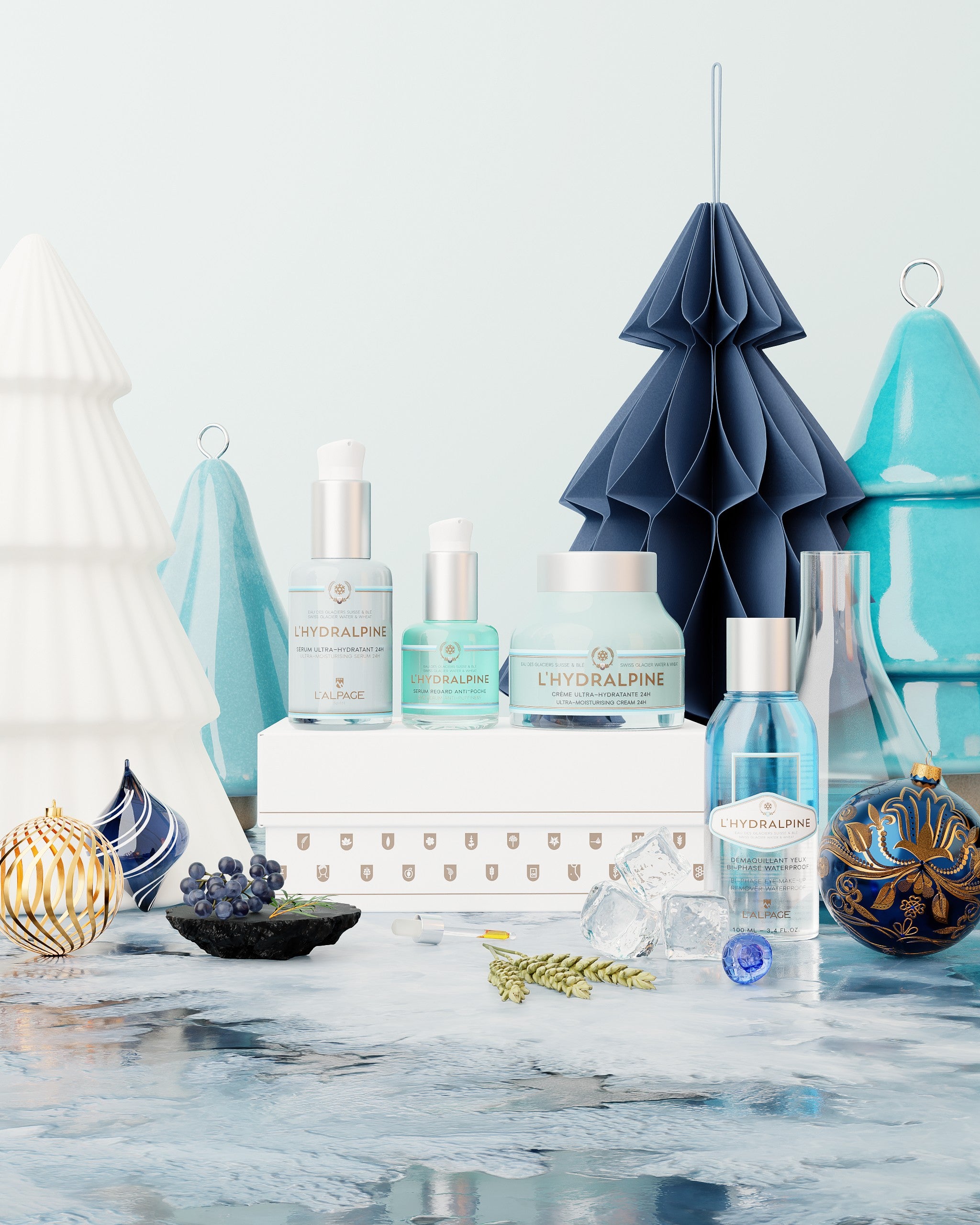 Set ou Coffret Cadeau Crème Visage Hydratante 24h + Sérum Visage Hydratante 24h + Serum Regard Anti-Poche + Démaquillant Bi-Phase Waterproof L&