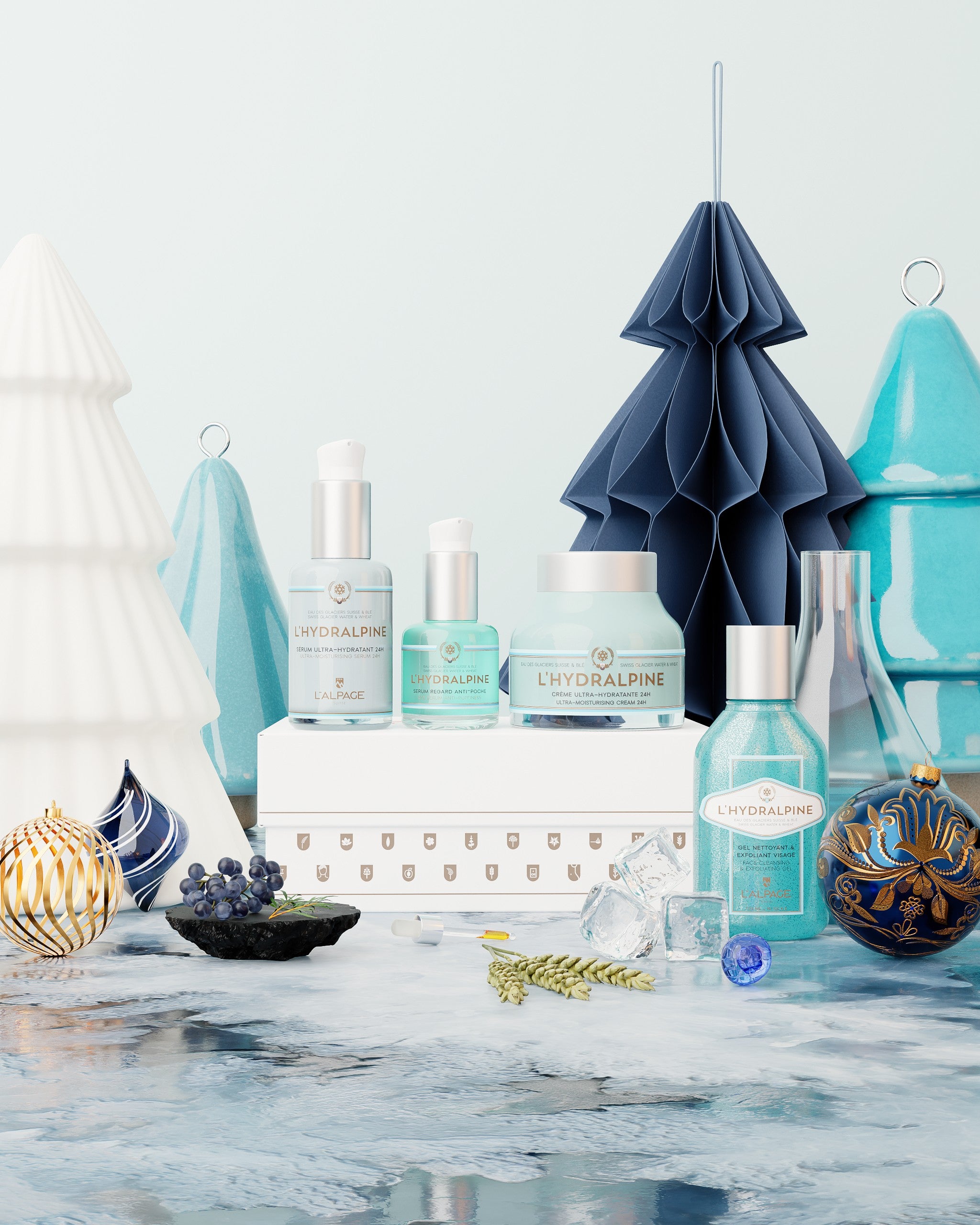 Set ou Coffret Cadeau Crème Visage Hydratante 24h + Sérum Visage Hydratante 24h + Serum Regard Anti-Poche + Gel Nettoyant Exfoliant L&