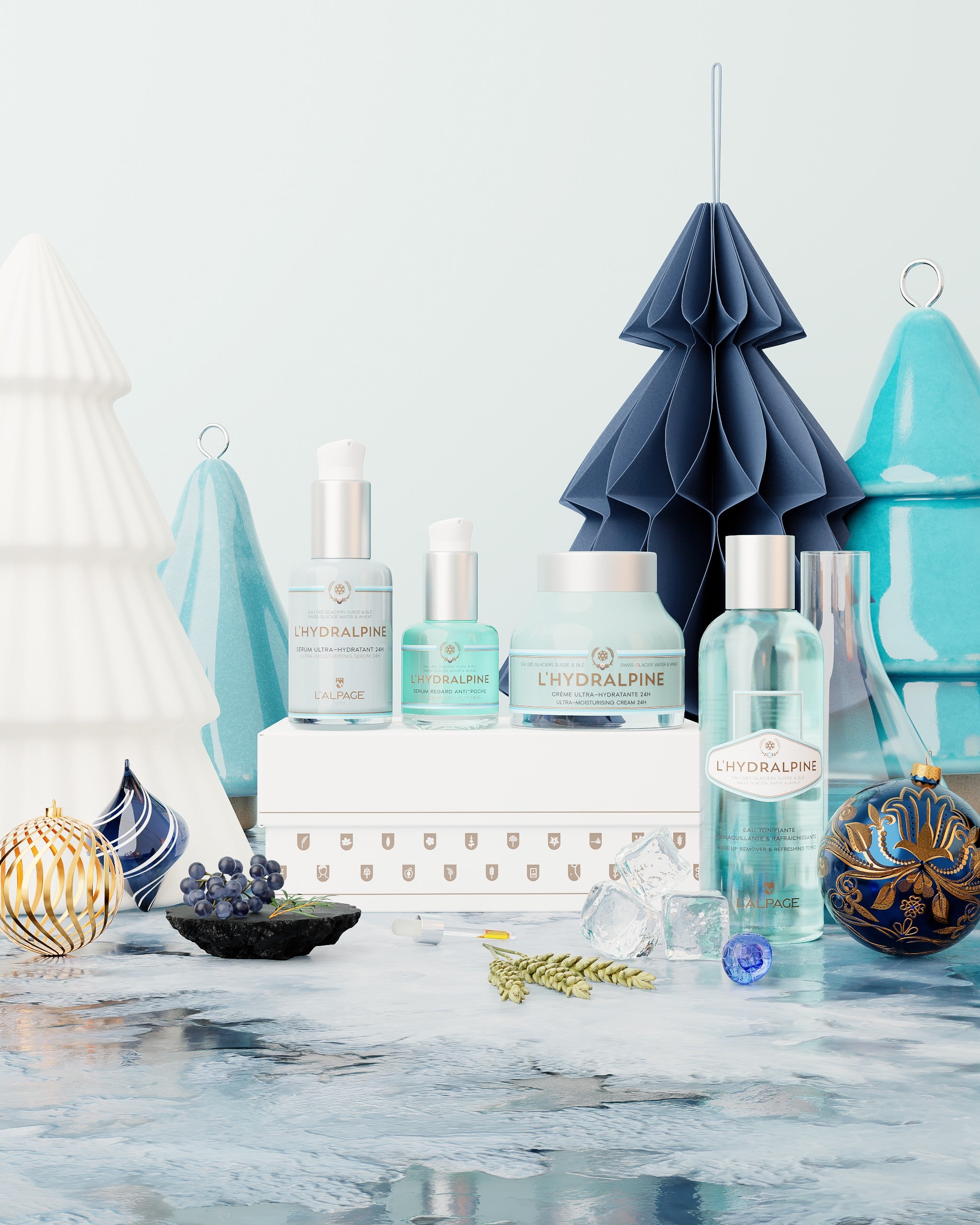 Set oder Geschenkbox Feuchtigkeitscreme Gesicht 24h + Feuchtigkeitsserum Gesicht 24h + Anti-Tränensäcke Augenserum + Tonisierendes Reinigungswasser L&