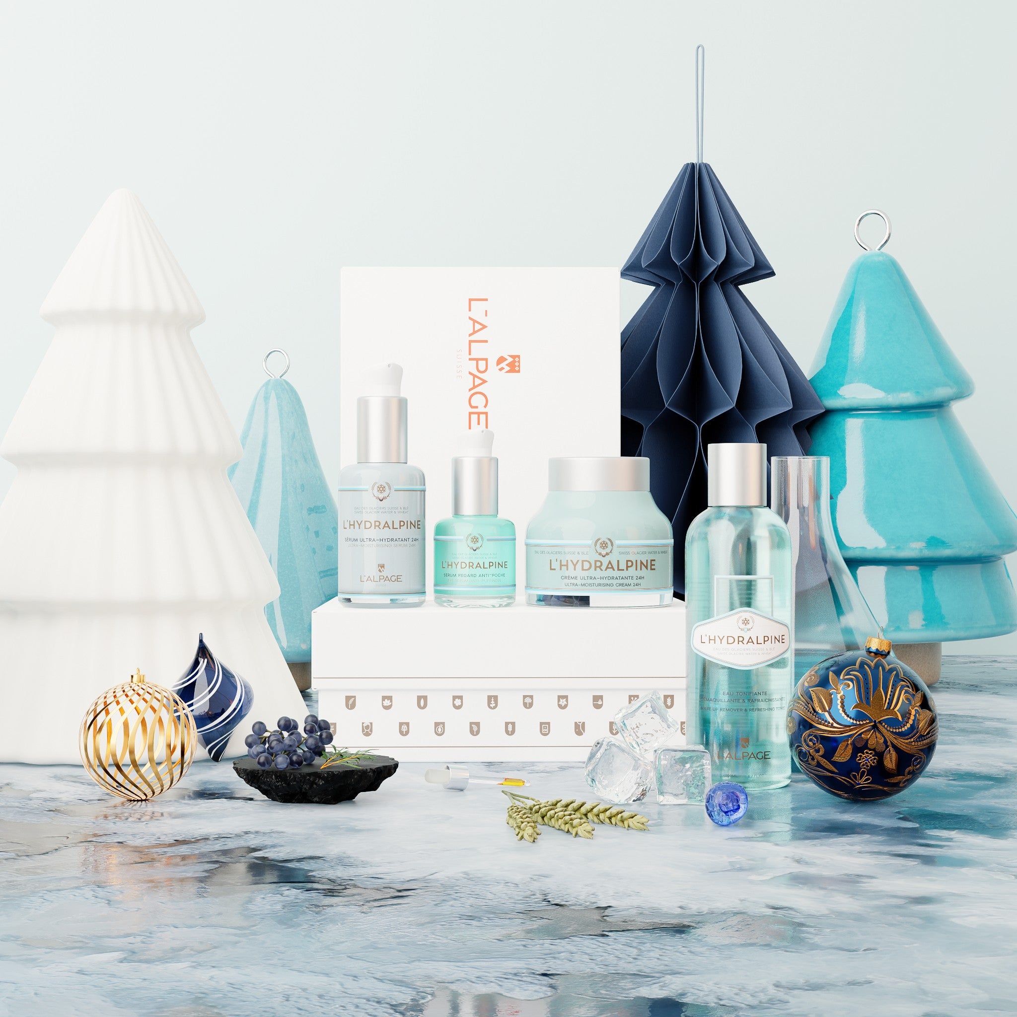 Set oder Geschenkbox Feuchtigkeitscreme Gesicht 24h + Feuchtigkeitsserum Gesicht 24h + Anti-Tränensäcke Augenserum + Tonisierendes Reinigungswasser L&