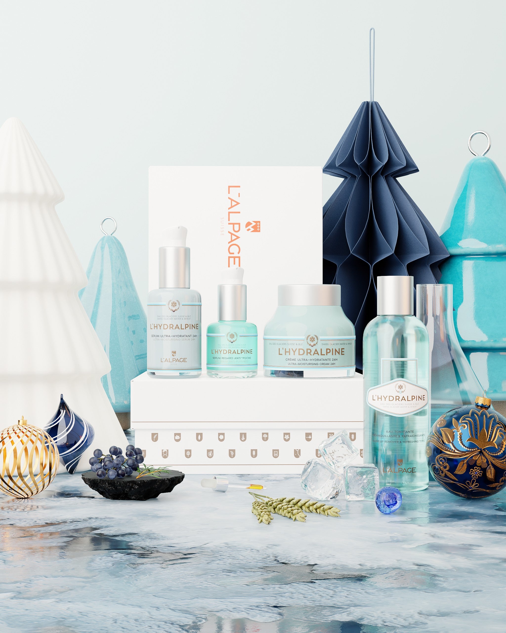 Set oder Geschenkbox Feuchtigkeitscreme Gesicht 24h + Feuchtigkeitsserum Gesicht 24h + Anti-Tränensäcke Augenserum + Tonisierendes Reinigungswasser L&