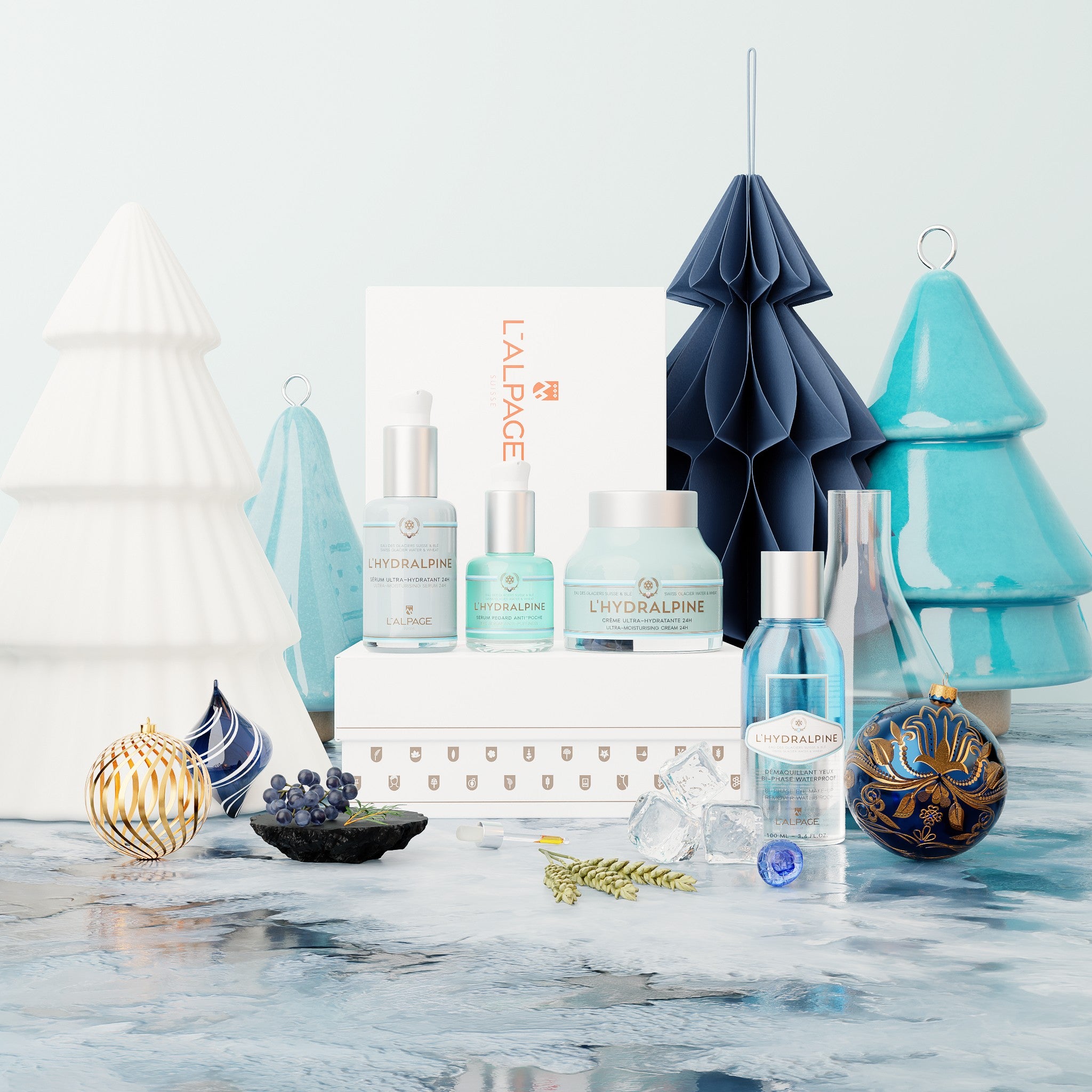 Set oder Geschenkbox Feuchtigkeitscreme Gesicht 24h + Feuchtigkeitsserum Gesicht 24h + Anti-Tränensäcke Augenserum + Zweiphasen-Wasserfest-Make-up-Entferner L&
