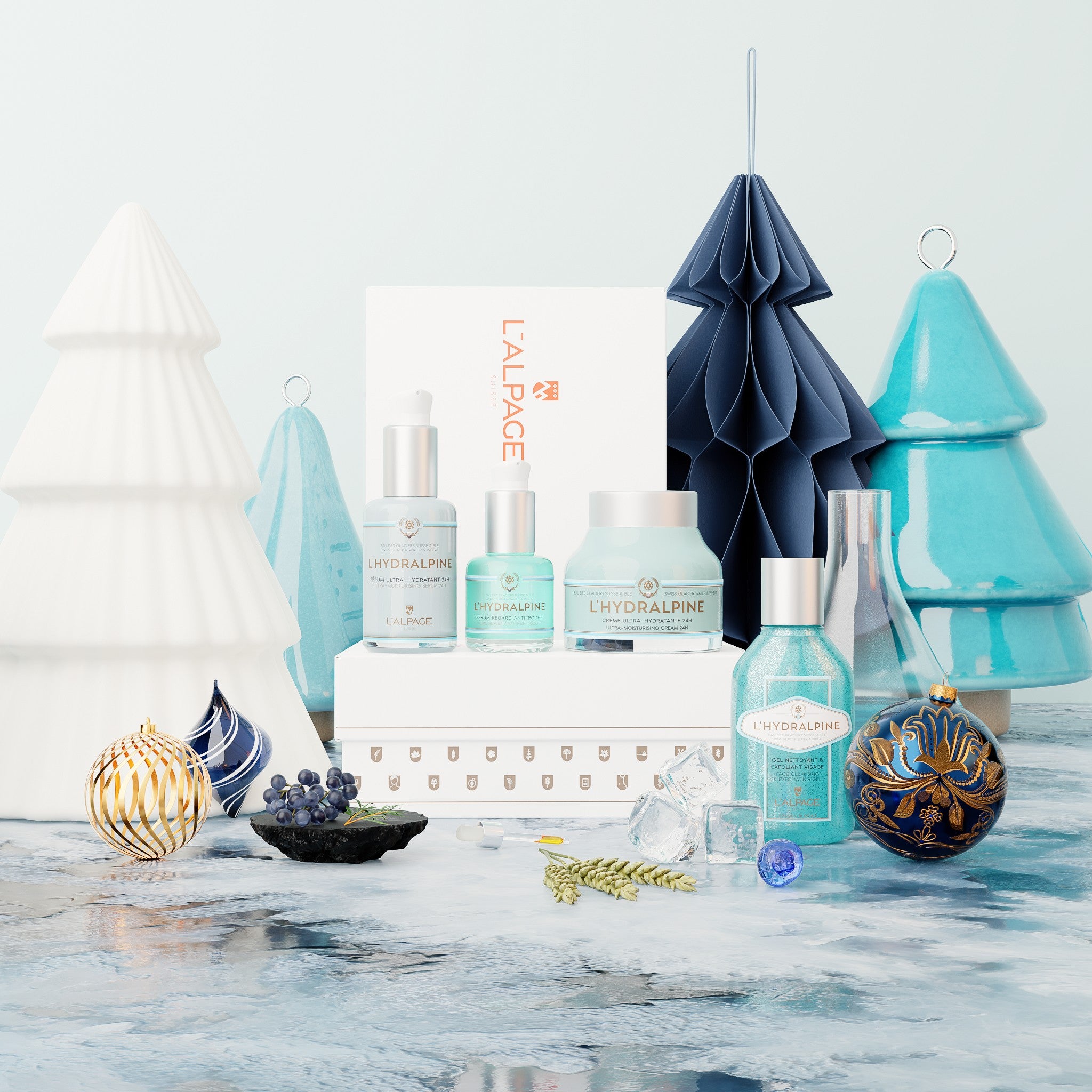 Set ou Coffret Cadeau Crème Visage Hydratante 24h + Sérum Visage Hydratante 24h + Serum Regard Anti-Poche + Gel Nettoyant Exfoliant L&