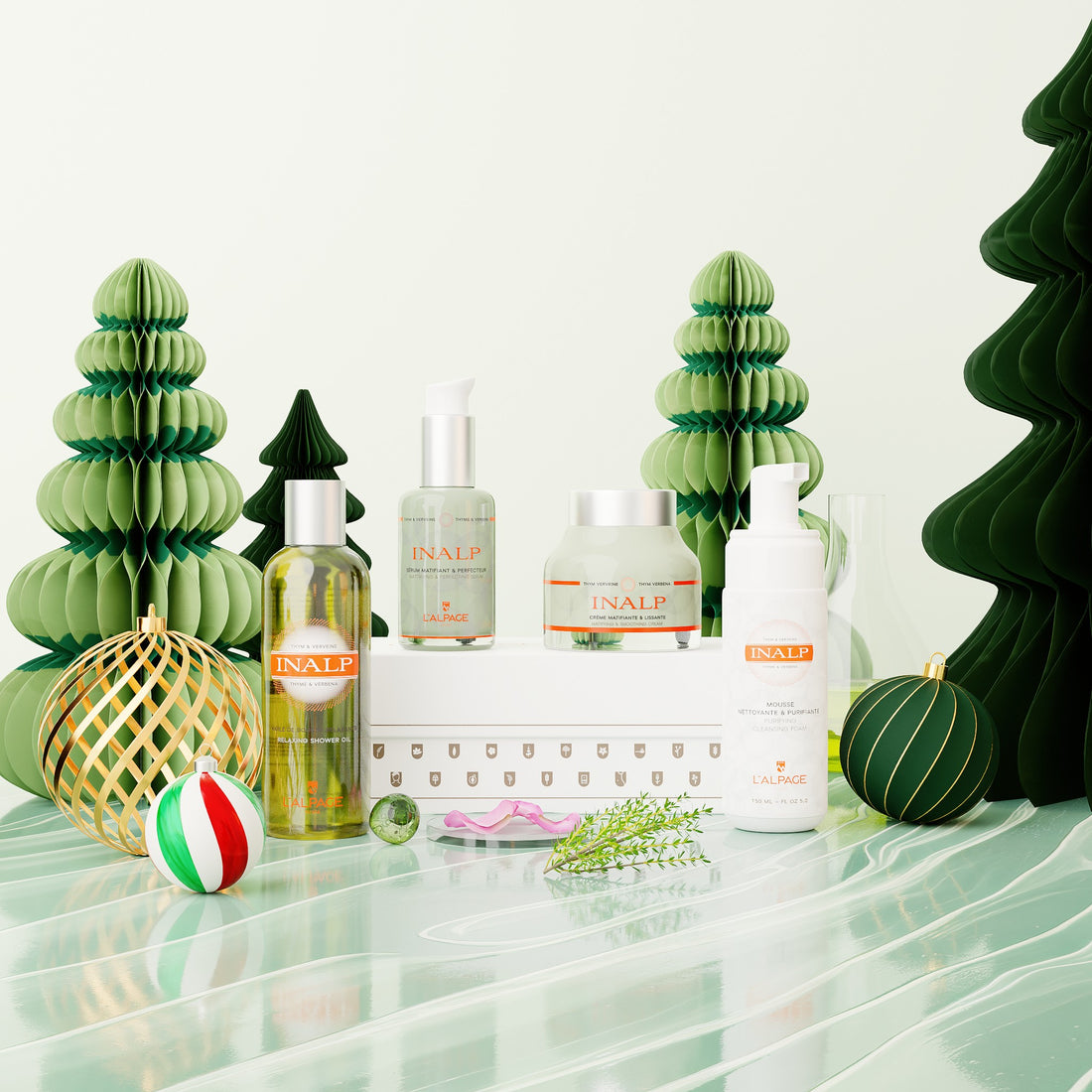 Set ou Coffret Cadeau Crème Matifiante et Lissante + Sérum Matifiant et Lissant + Mousse Nettoyante + Huile Douche INALP