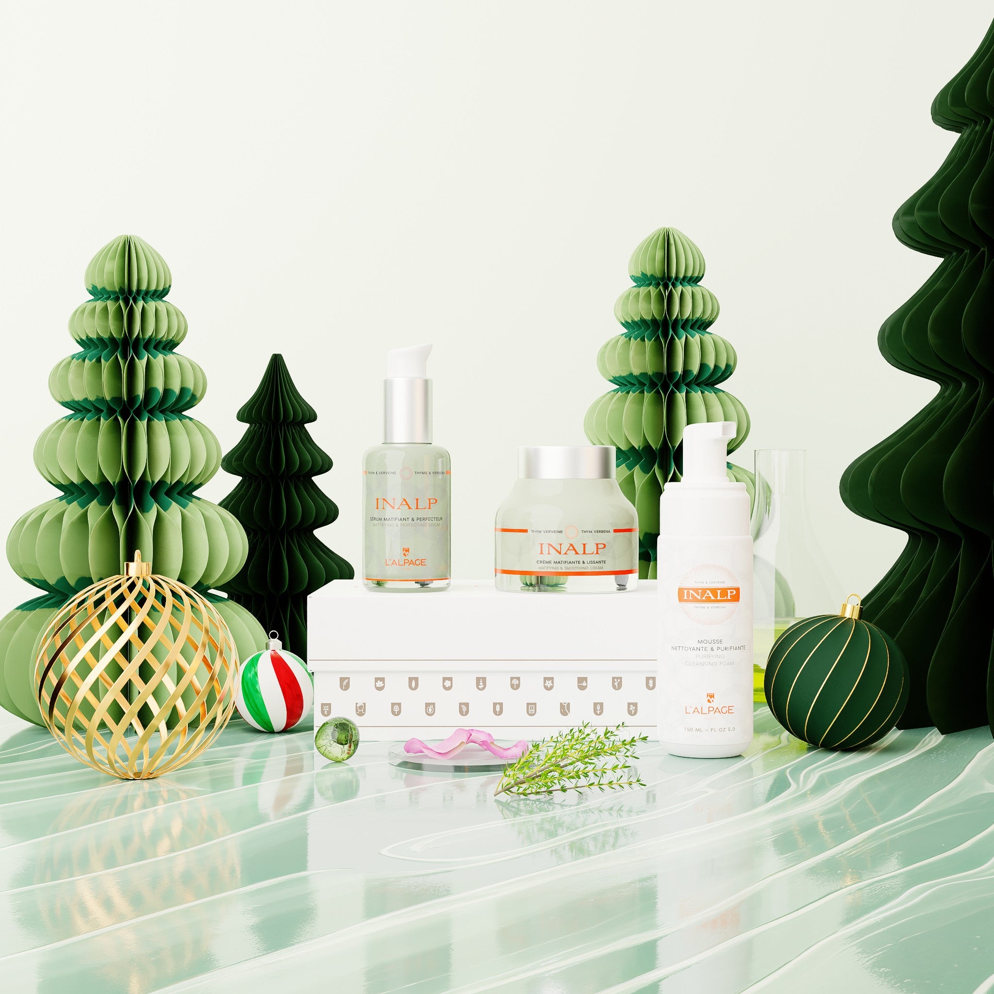 Geschenkset oder Geschenkbox: Mattierende und glättende Creme + Mattierendes und glättendes Serum + Reinigungsschaum <tc>Inalp</tc>
