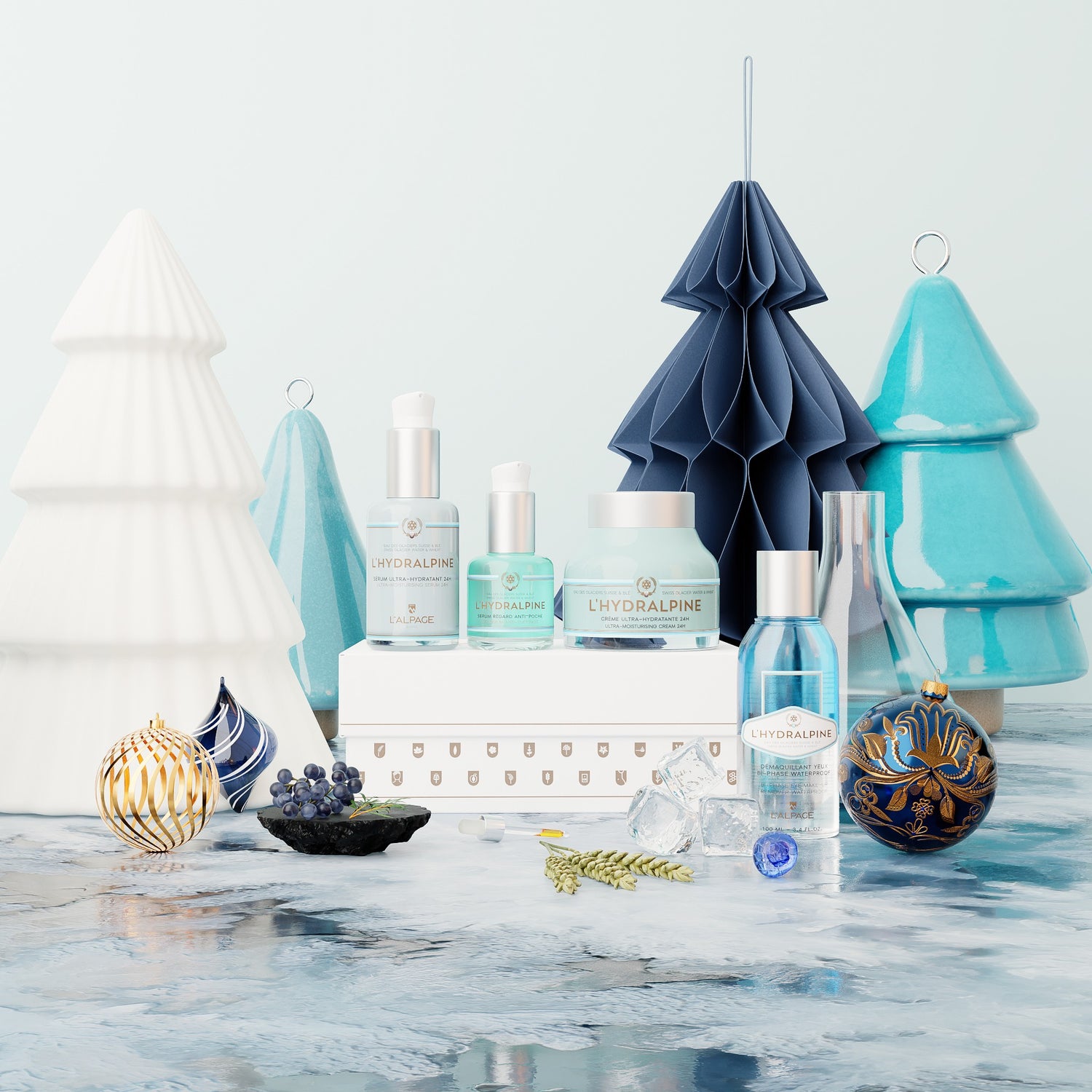 Set ou Coffret Cadeau Crème Visage Hydratante 24h + Sérum Visage Hydratante 24h + Serum Regard Anti-Poche + Démaquillant Bi-Phase Waterproof L&