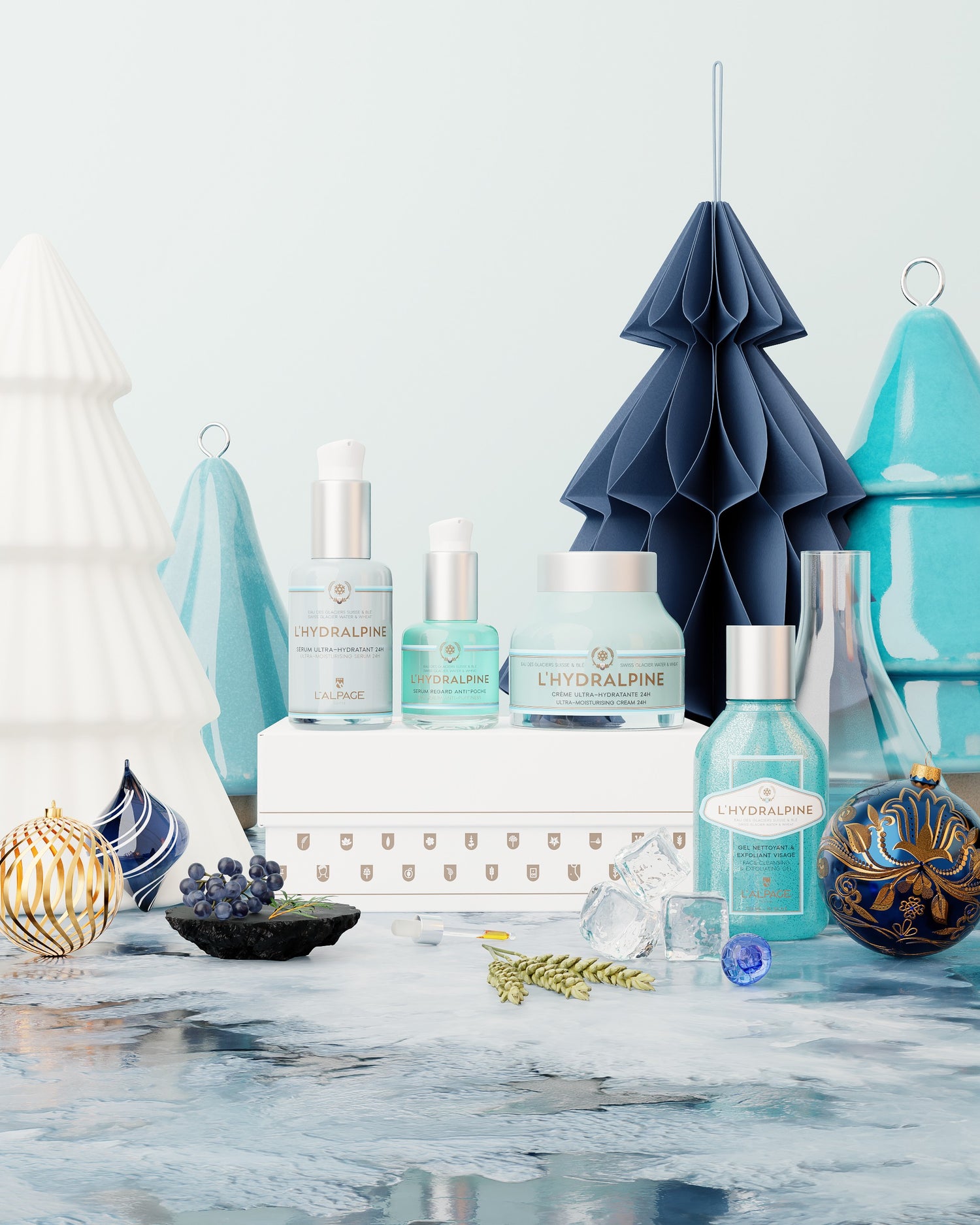 Set ou Coffret Cadeau Crème Visage Hydratante 24h + Sérum Visage Hydratante 24h + Serum Regard Anti-Poche + Gel Nettoyant Exfoliant L&