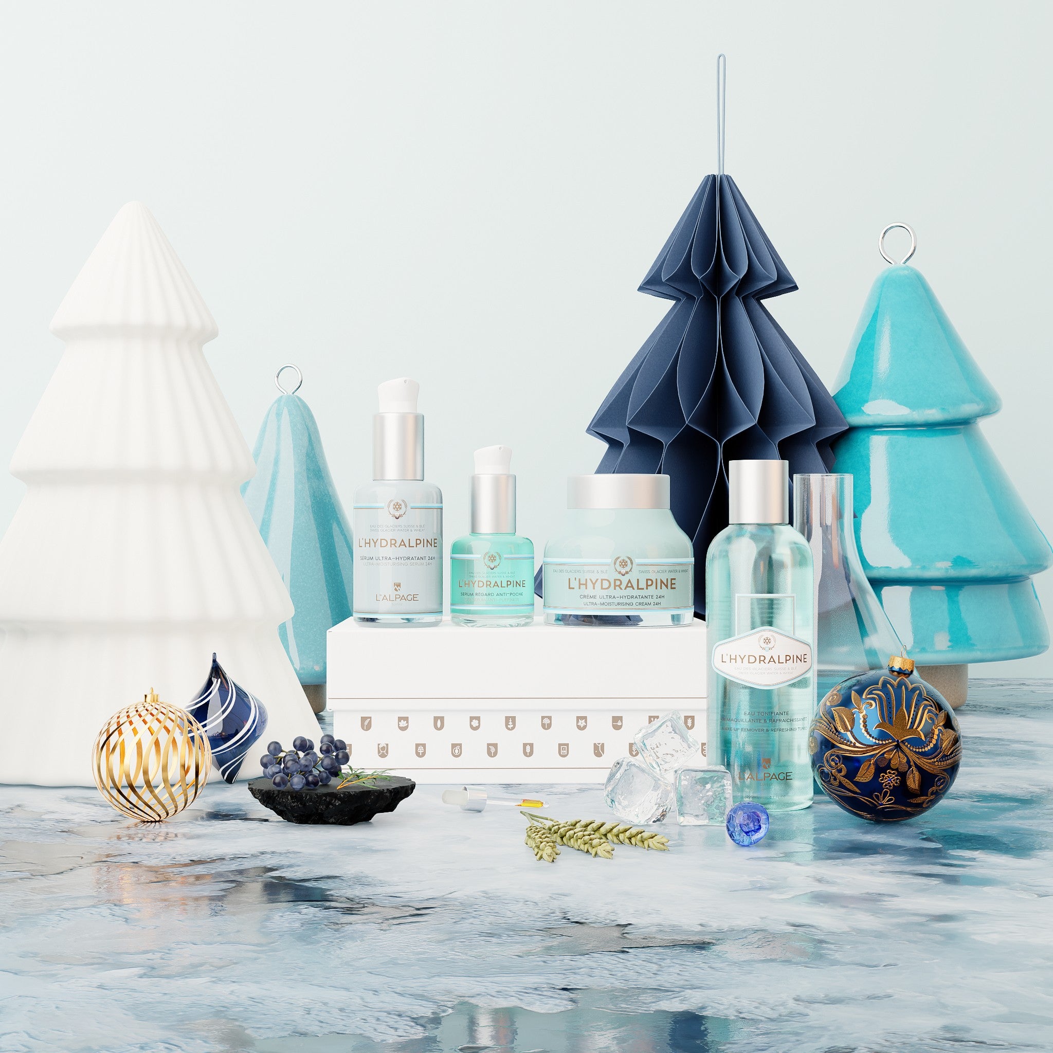 Set oder Geschenkbox Feuchtigkeitscreme Gesicht 24h + Feuchtigkeitsserum Gesicht 24h + Anti-Tränensäcke Augenserum + Tonisierendes Reinigungswasser L&
