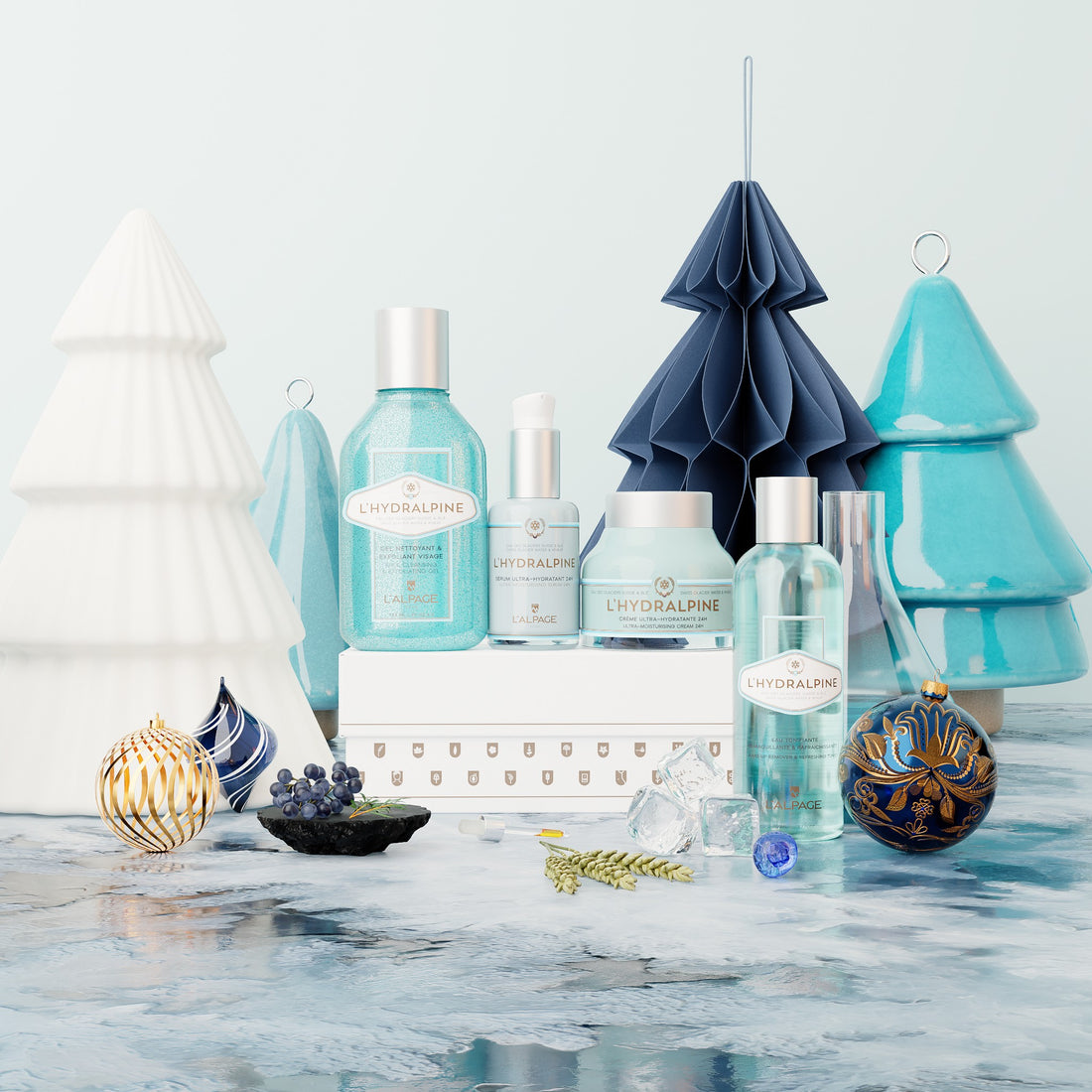 Set ou Coffret Cadeau Crème Visage Hydratante 24h + Sérum Visage Hydratante 24h + Eau Tonifiante + Gel Nettoyant Exfoliant L&