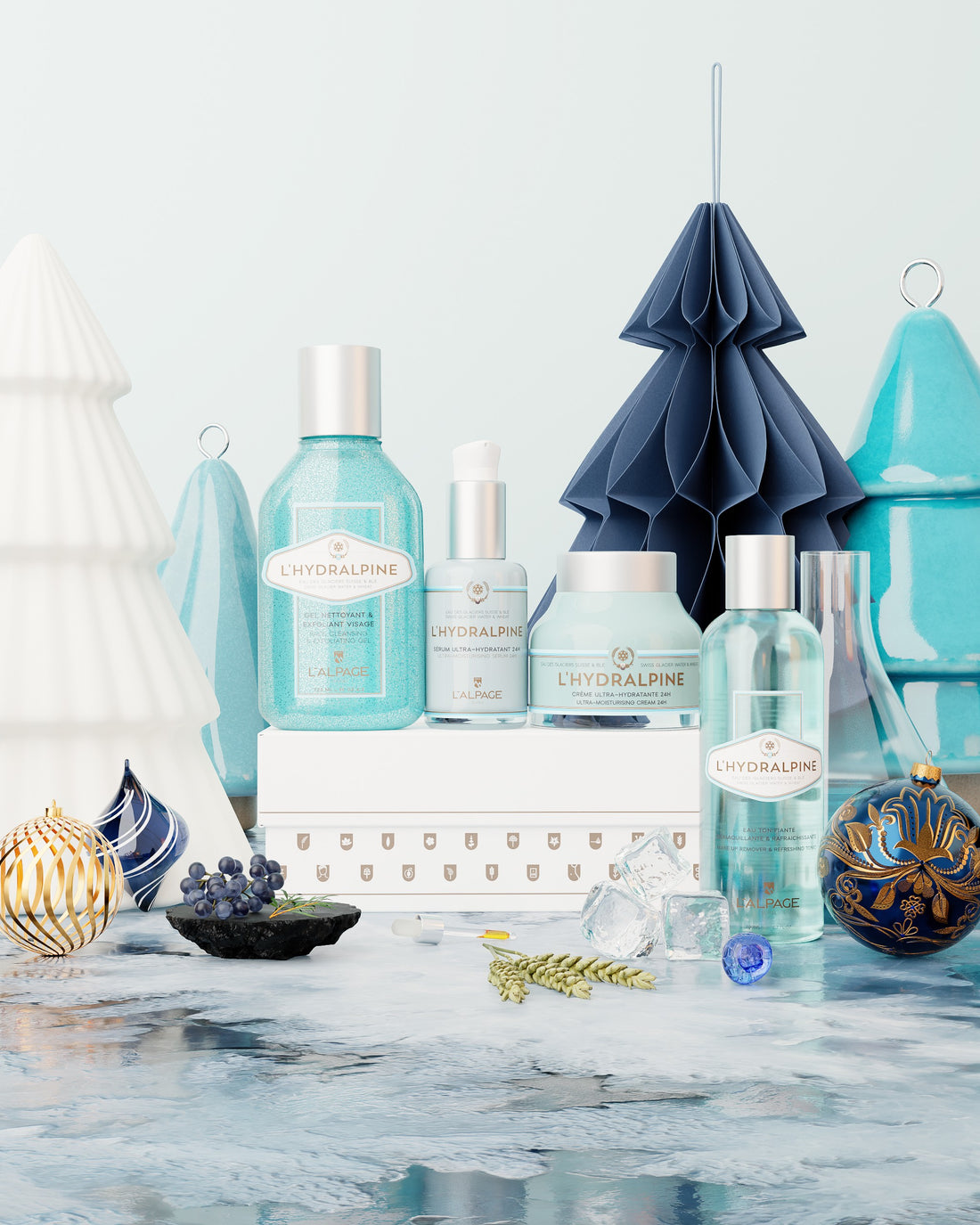 Set ou Coffret Cadeau Crème Visage Hydratante 24h + Sérum Visage Hydratante 24h + Eau Tonifiante + Gel Nettoyant Exfoliant L&